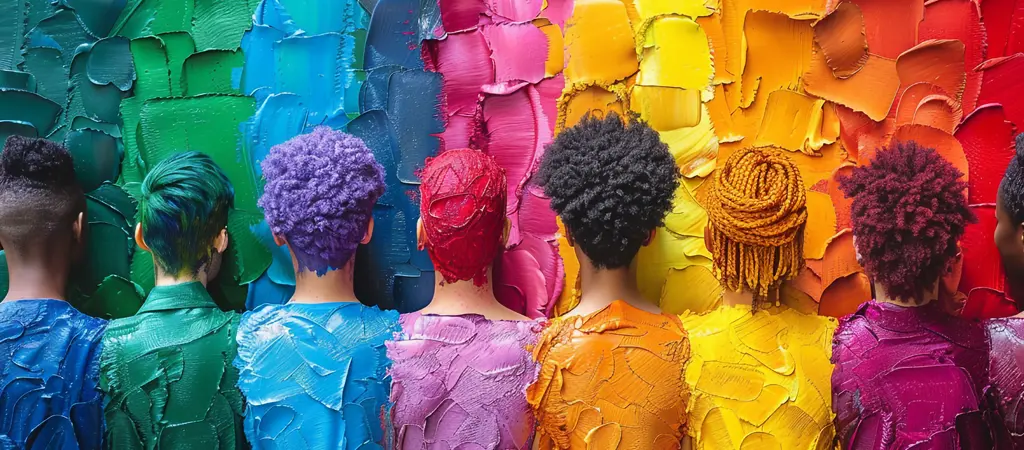 A képen háttal állnak az emberek, mindegyiknek más színe van és az előttük lévő fal színeit viselik magukon. Sorban: zöld, kék,lila, narancssárga, citromsárga és piros.